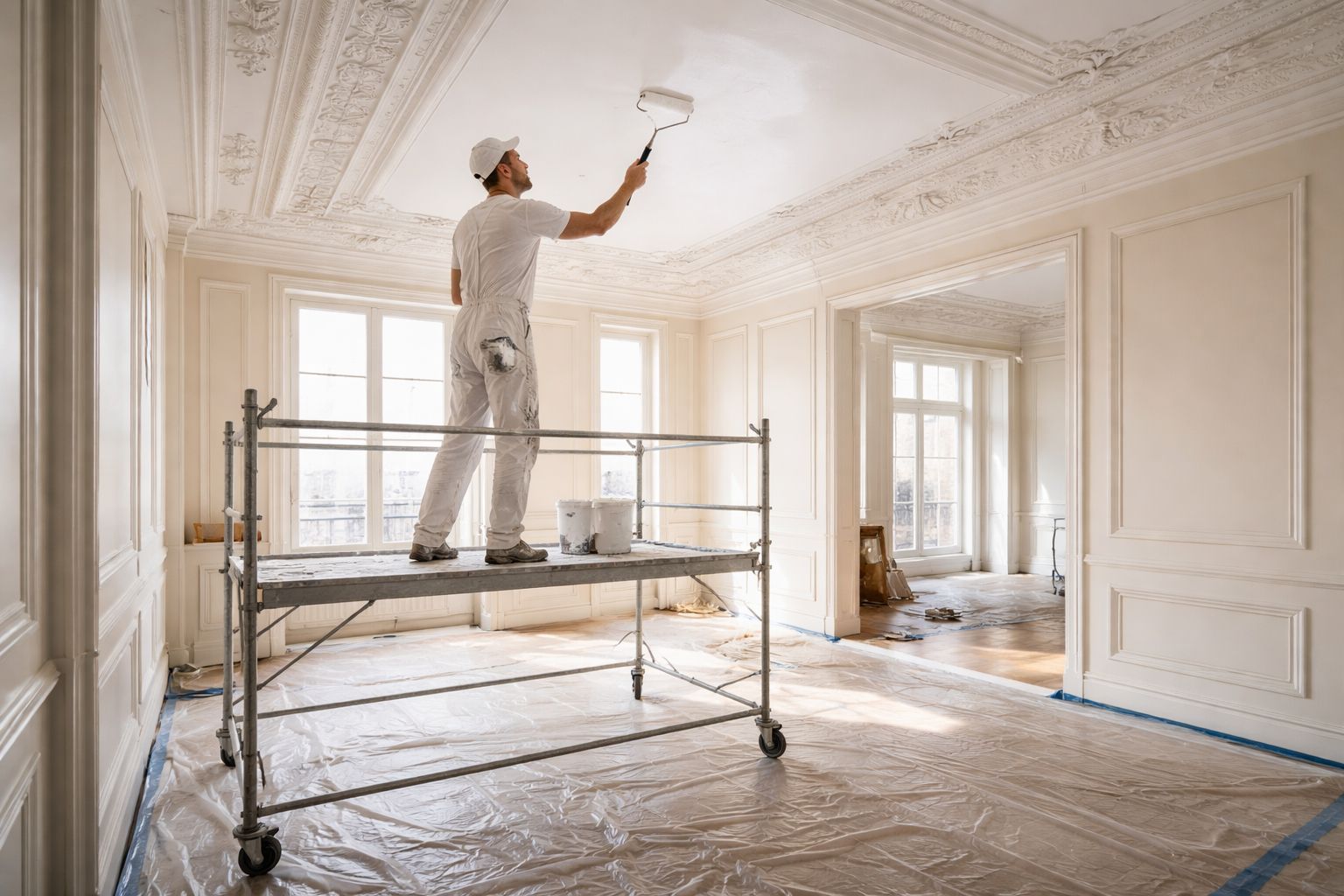 Travaux de rénovation intérieure avec remise en état et peinture des murs et plafonds.